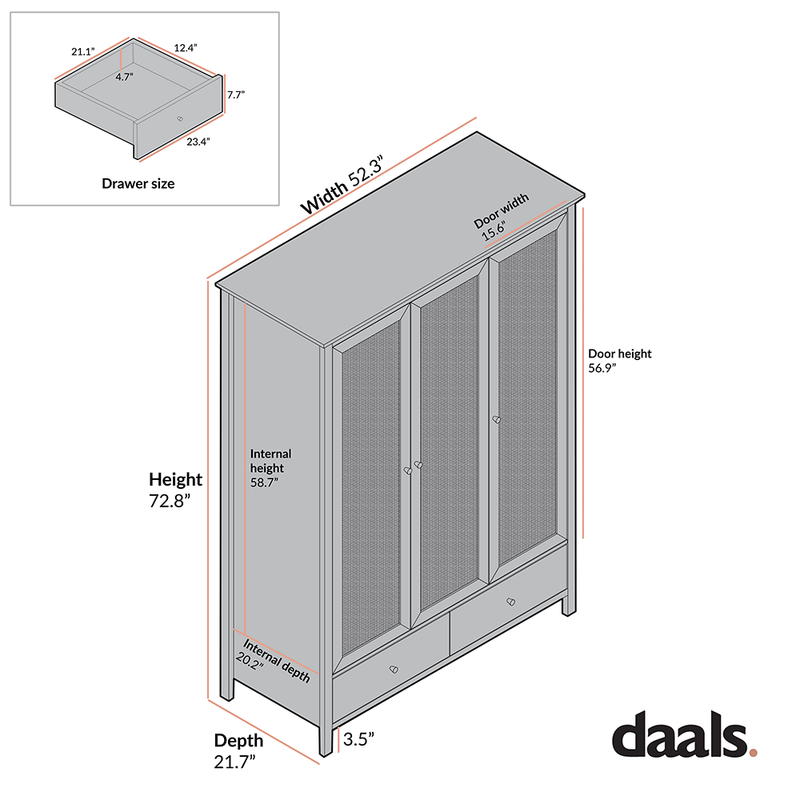 Frances Rattan Triple Closet with 2 Drawers, Black