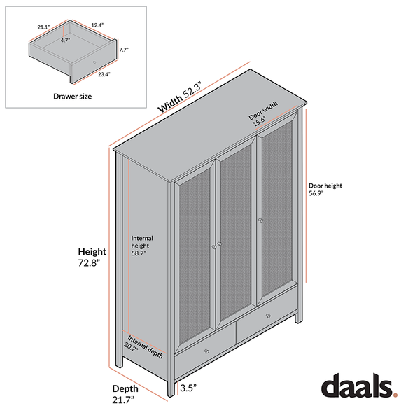 Frances Rattan Triple Closet with 2 Drawers, Natural