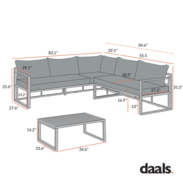 Albany Aluminum Corner Sofa Set with Reclining Back and Coffee Table, Taupe