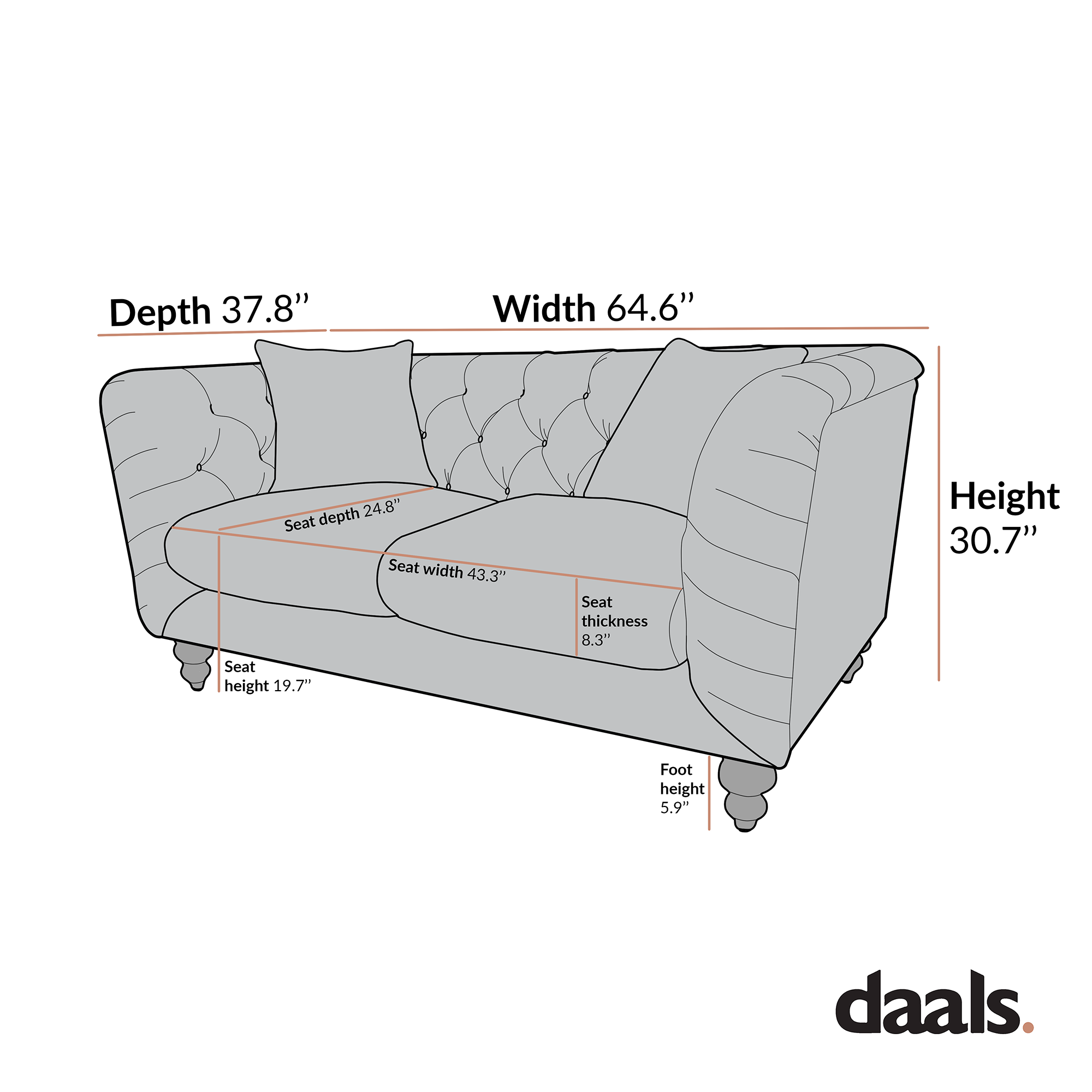 Ashby Chesterfield 2-Seater Sofa, Oatmeal Chenille