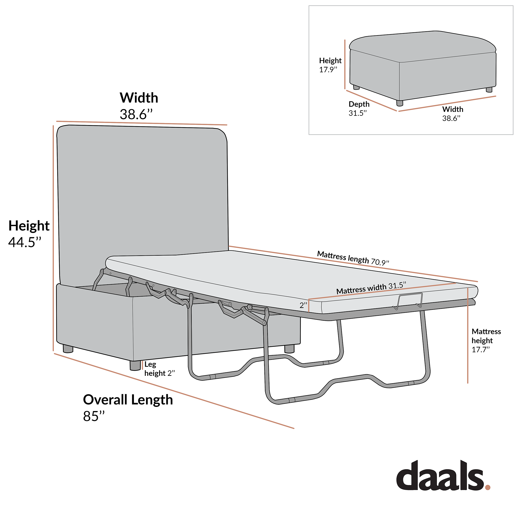 Magda Fold-Out Twin Bed in an Ottoman, Mist Gray Boucle