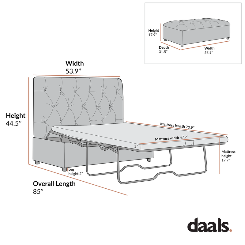 Portland Full size Buttoned Fold-Out Bed in Ottoman, Rust Velvet