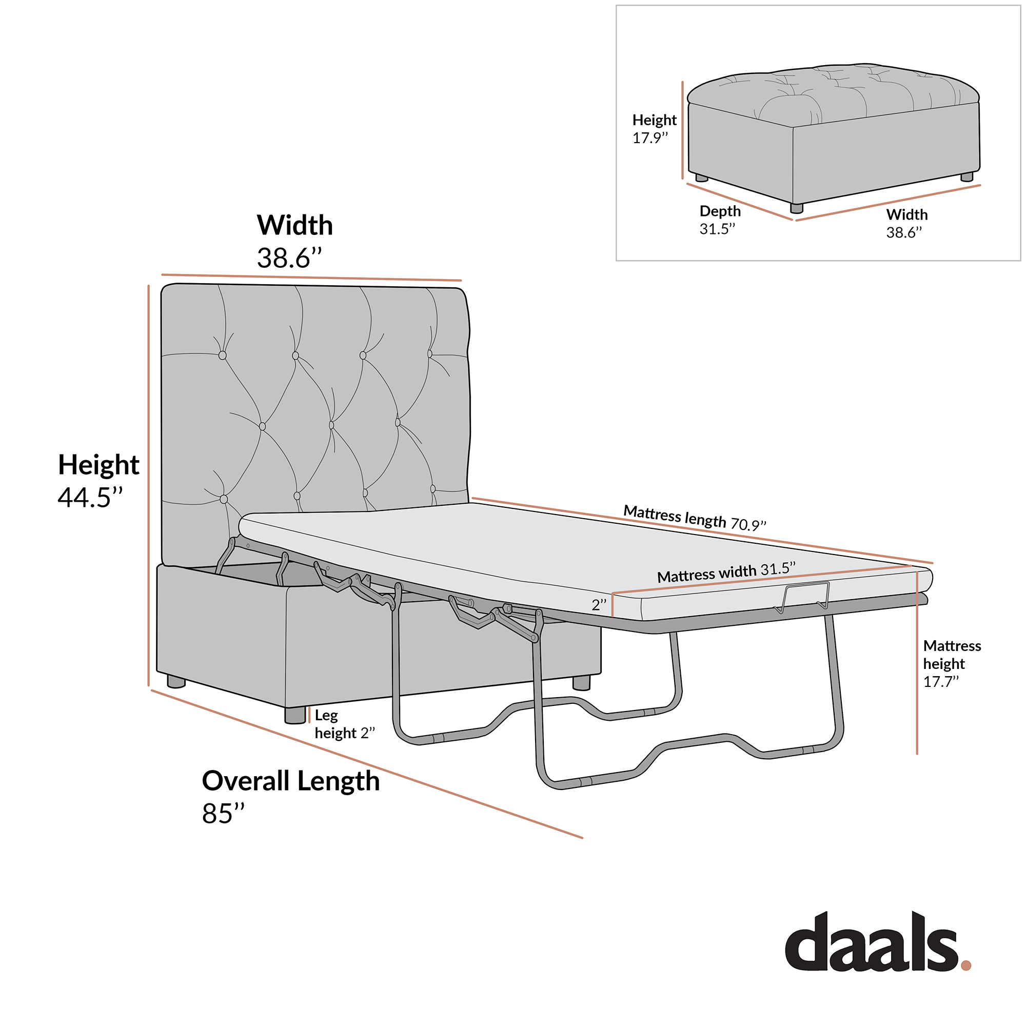 Portland Twin Buttoned Fold-Out Bed in Ottoman, Moss Green Velvet
