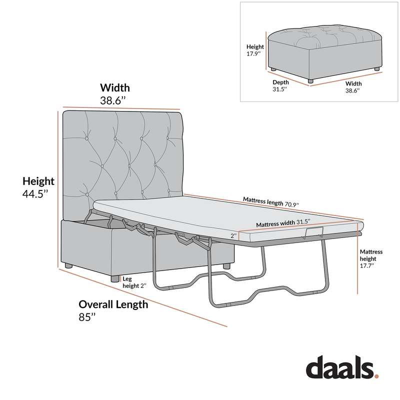 Portland Twin Buttoned Fold-Out Bed in Ottoman, Mink Velvet