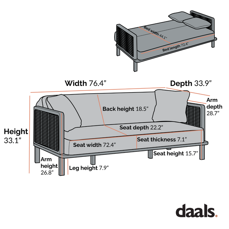 Pienza Solid Wood and Cane Sofa Bed, Taupe Velvet with Black Frame