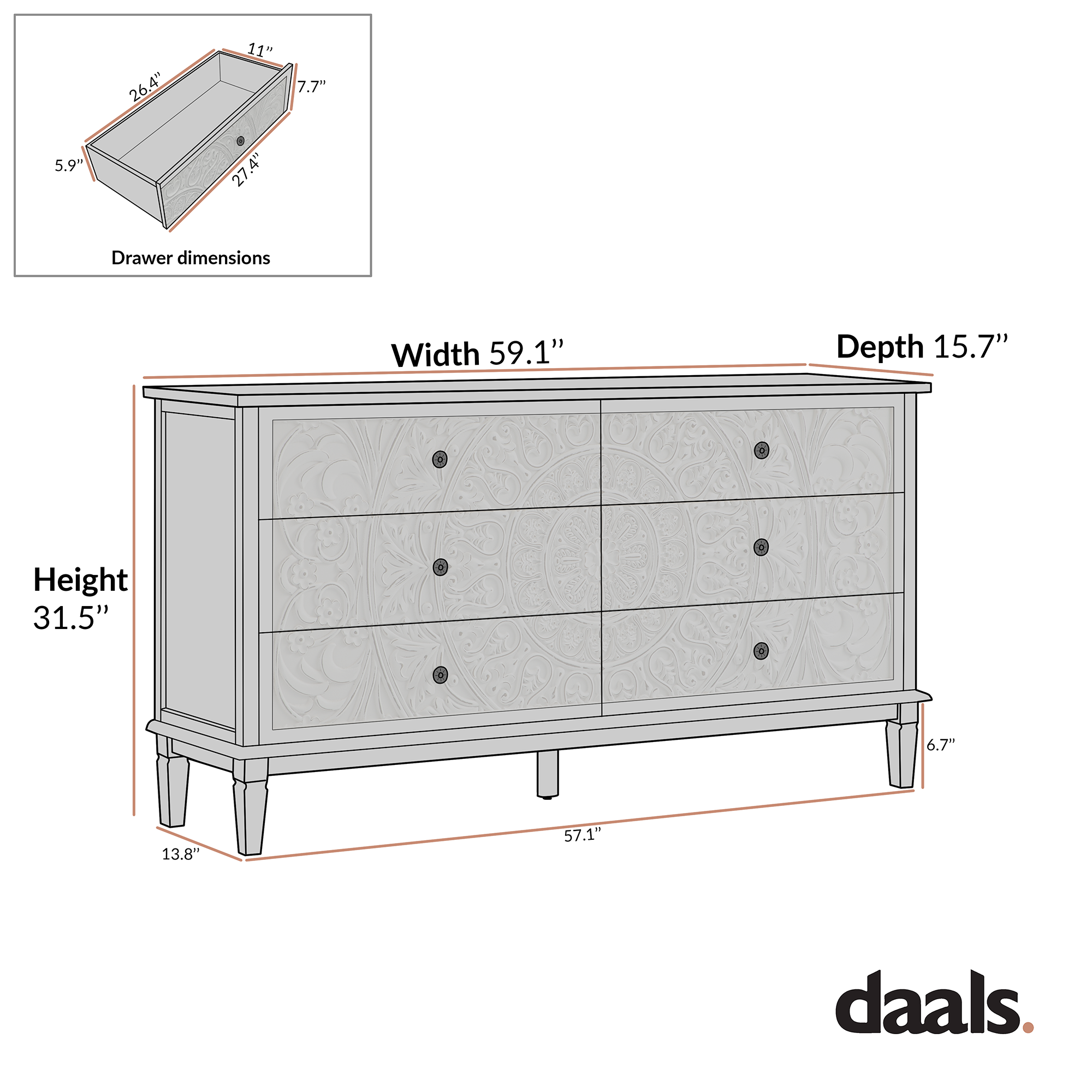 dresser dimensions Chantilly Whitewashed Carved Wide 6 Drawer Dresser - daals