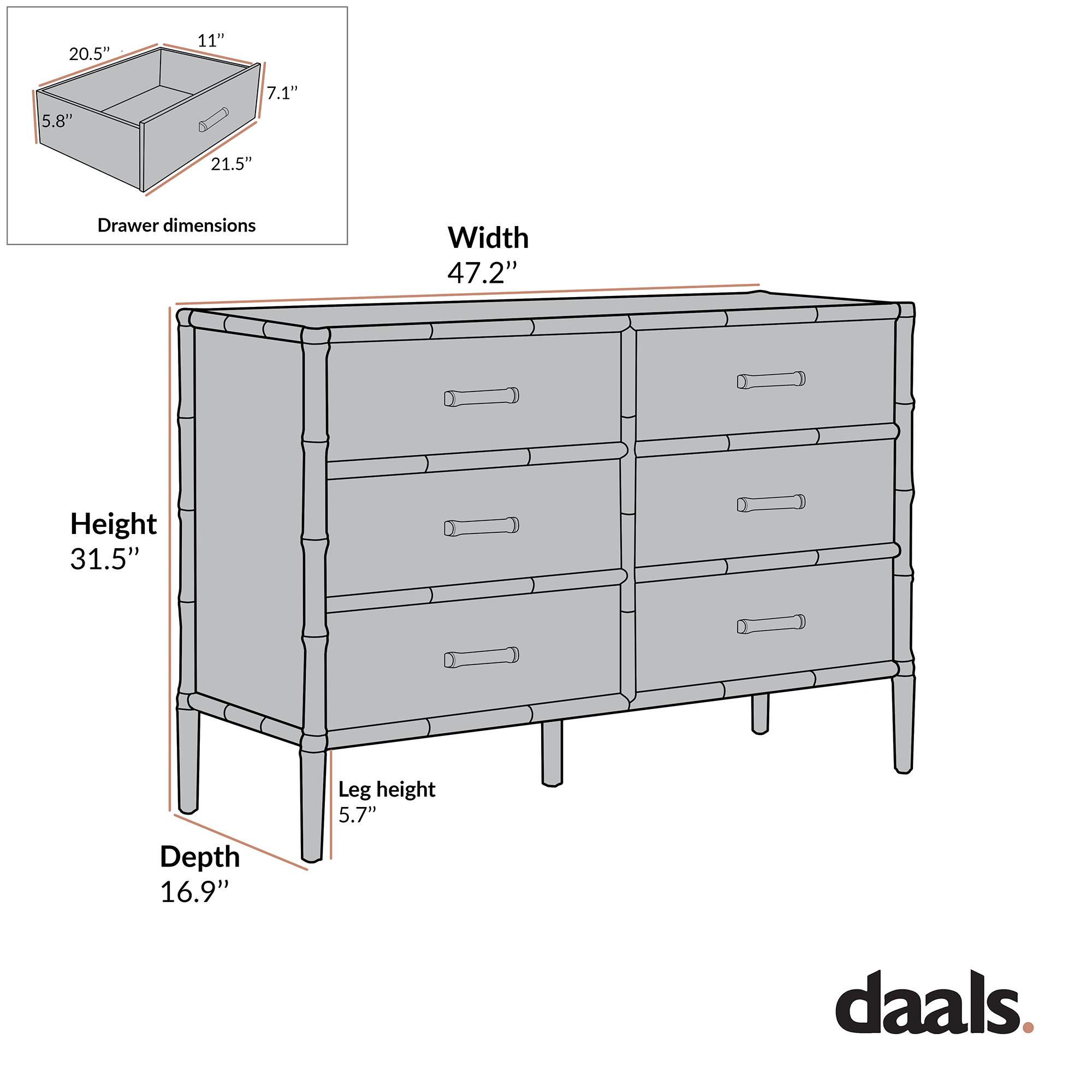 Elstowe Faux Bamboo 6-Drawer Dresser, Warm Gray - daals Elstowe Faux Bamboo 6-Drawer Dresser, Warm Gray - daals