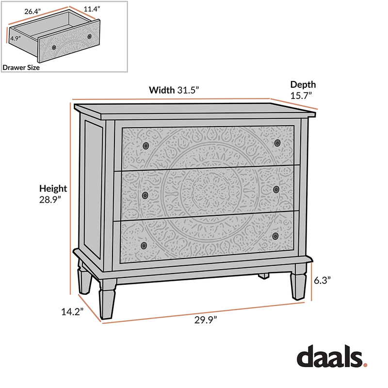Chantilly Whitewashed Carved 3 Drawer Dresser