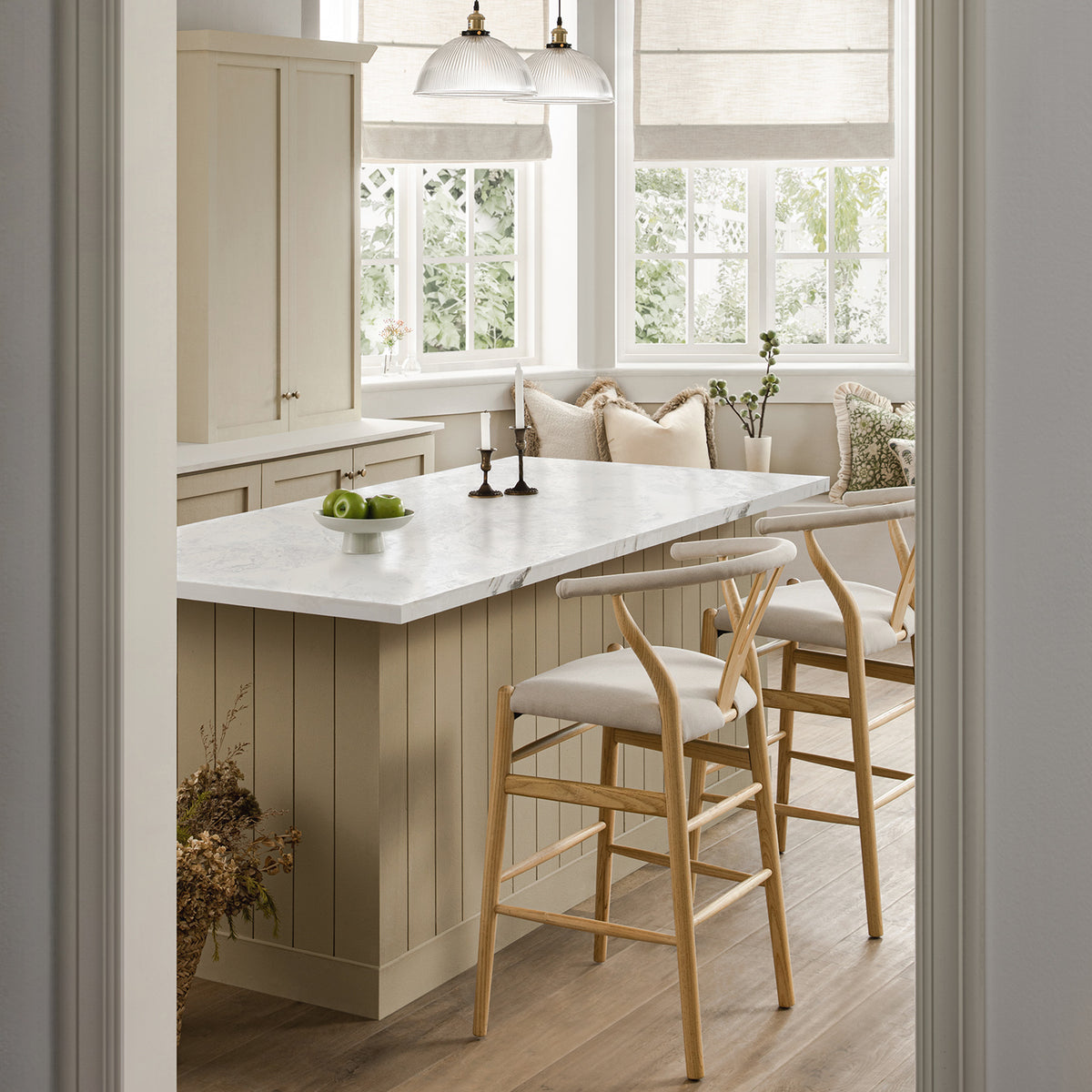 Hansel Upholstered Wishbone Counter Stool, Beige Fabric and Natural Frame
