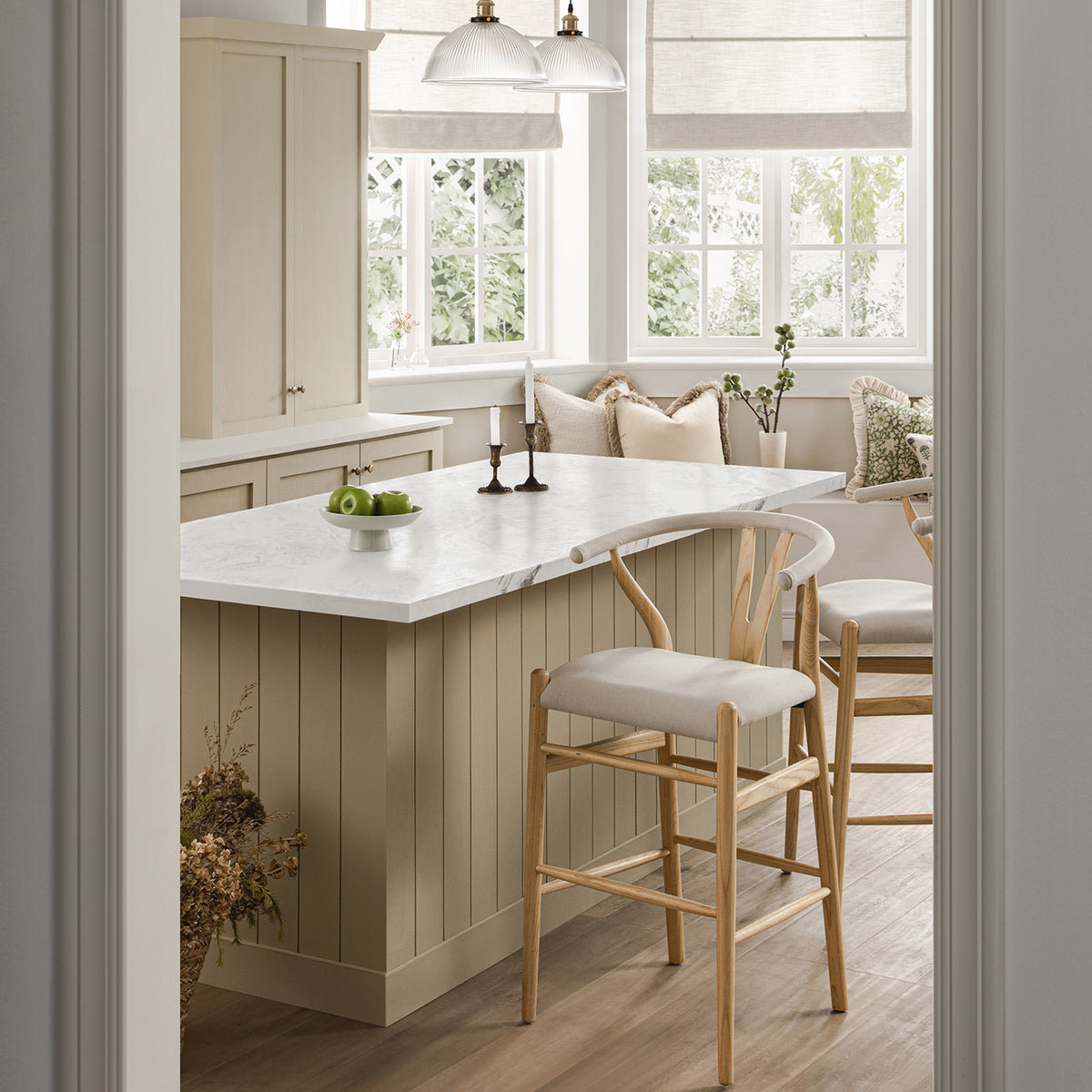 Hansel Upholstered Wishbone Counter Stool, Beige Fabric and Natural Frame