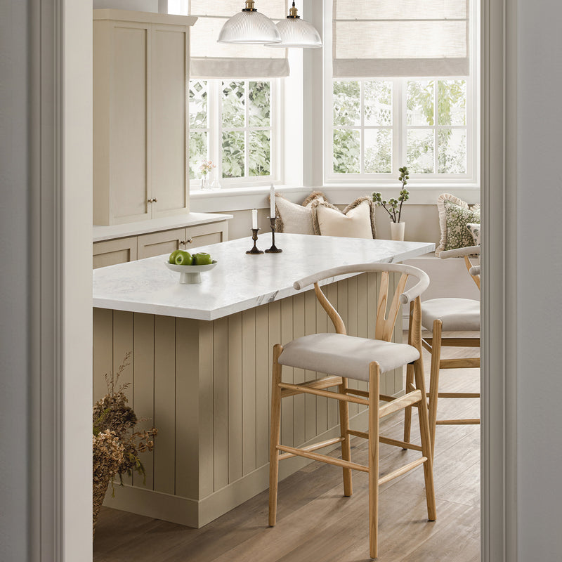 Hansel Upholstered Wishbone Counter Stool, Beige Fabric and Natural Frame