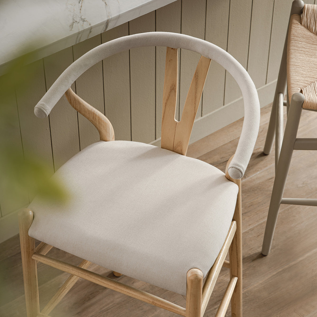 Hansel Upholstered Wishbone Counter Stool, Beige Fabric and Natural Frame
