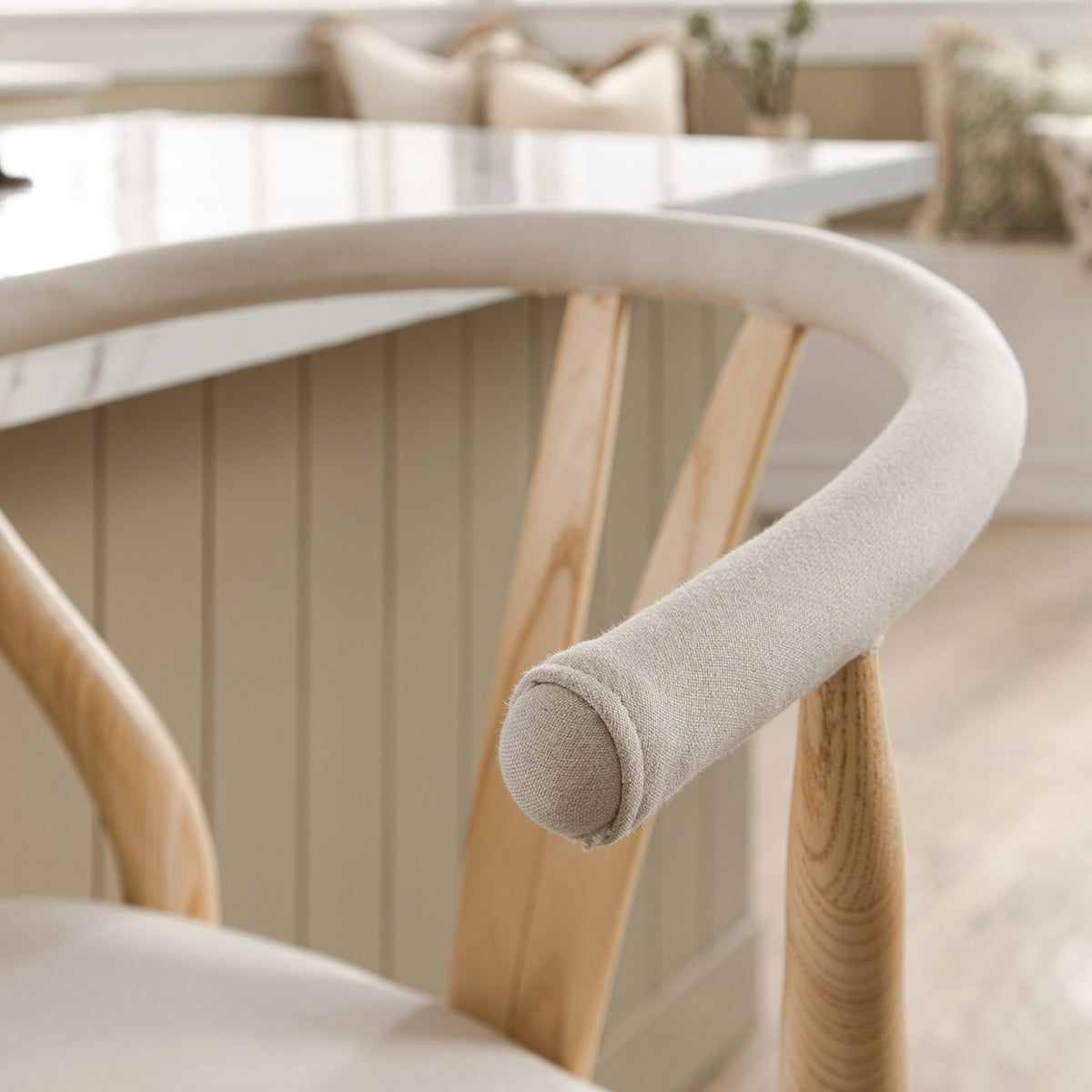 Hansel Upholstered Wishbone Counter Stool, Beige Fabric and Natural Frame