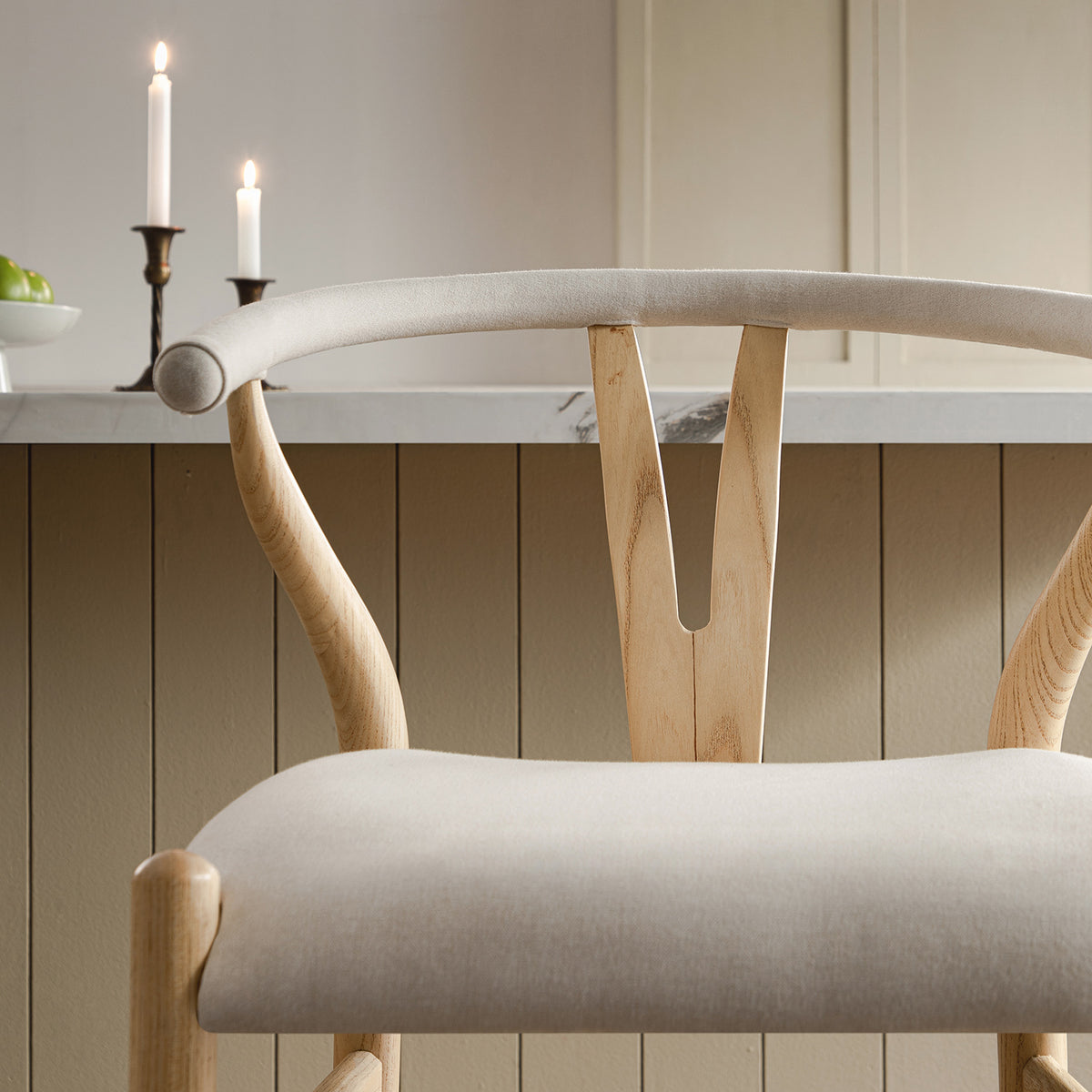 Hansel Upholstered Wishbone Counter Stool, Beige Fabric and Natural Frame