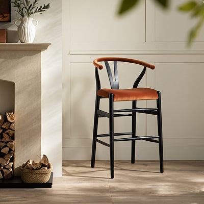 Hansel Upholstered Wishbone Counter Stool, Rust Velvet and Black Frame