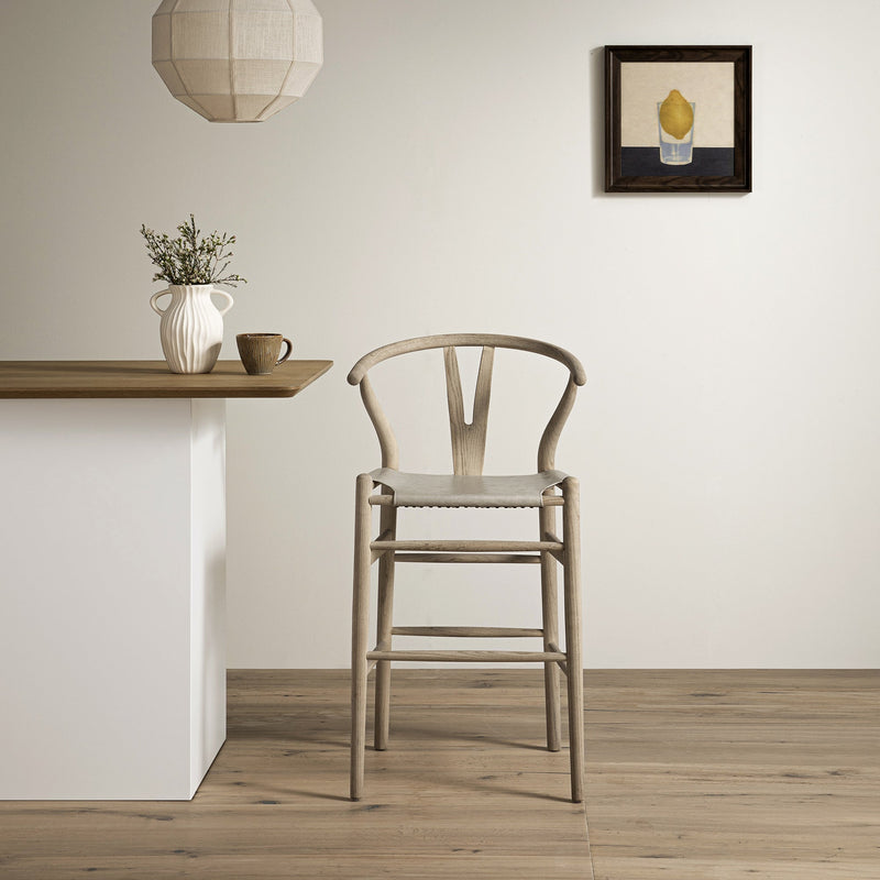 Hansel Counter Stool, Weathered Elm Frame with Light Gray Faux Leather Seat