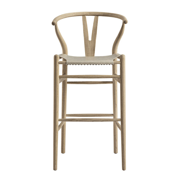 Hansel Bar Stool, Weathered Elm Frame with Light Gray Faux Leather Seat