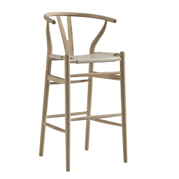 Hansel Bar Stool, Weathered Elm Frame with Light Gray Faux Leather Seat