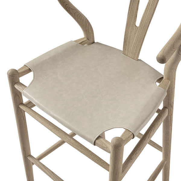 Hansel Bar Stool, Weathered Elm Frame with Light Gray Faux Leather Seat