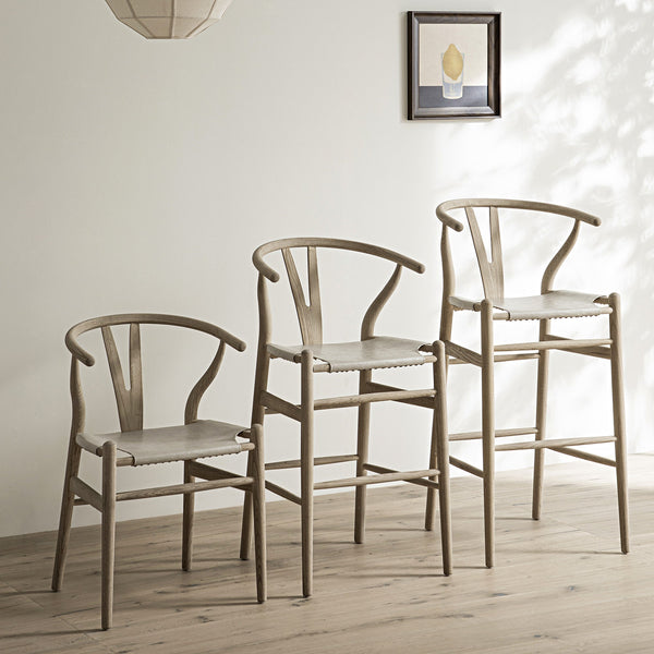 Hansel Bar Stool, Weathered Elm Frame with Light Gray Faux Leather Seat