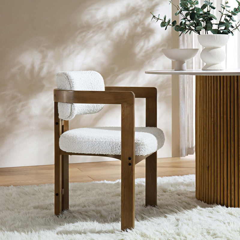 Stanford Curved Walnut Wood Frame White Boucle Chair