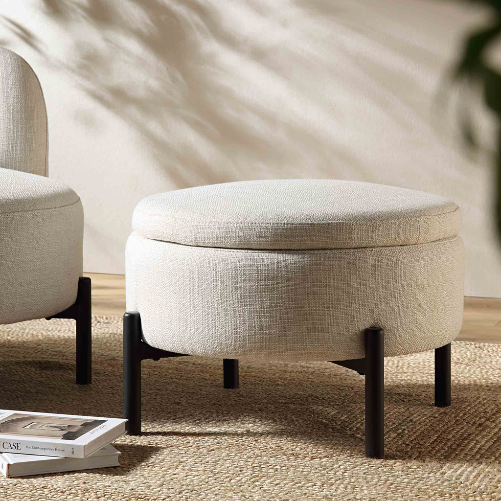Amboise Round Storage Pouffe, Beige Linen Blend | daals.com