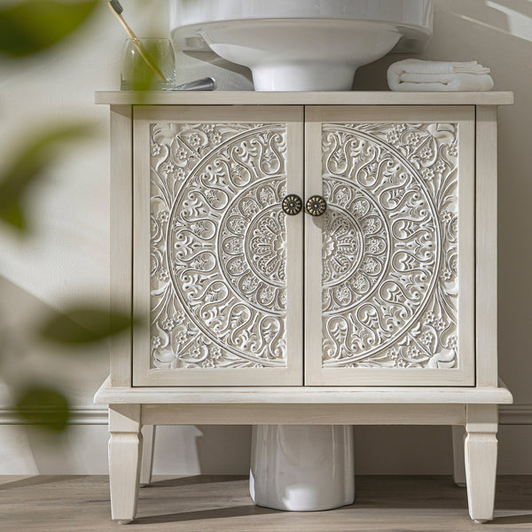 Chantilly Whitewashed Carved Bathroom Vanity Unit
