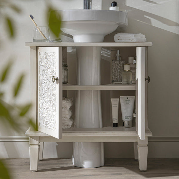 Chantilly Whitewashed Carved Bathroom Vanity Unit