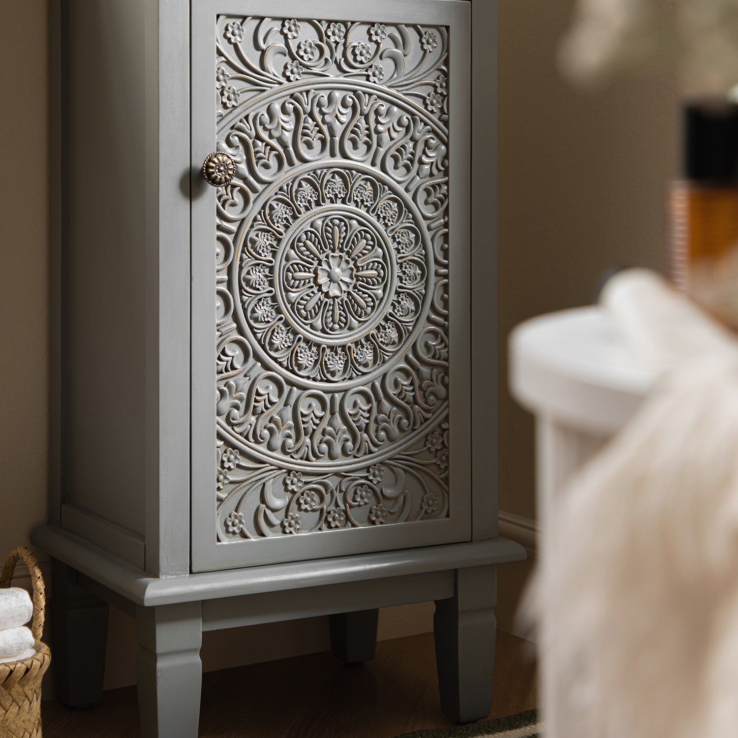 Chantilly Mid Gray Carved Bathroom Cupboard
