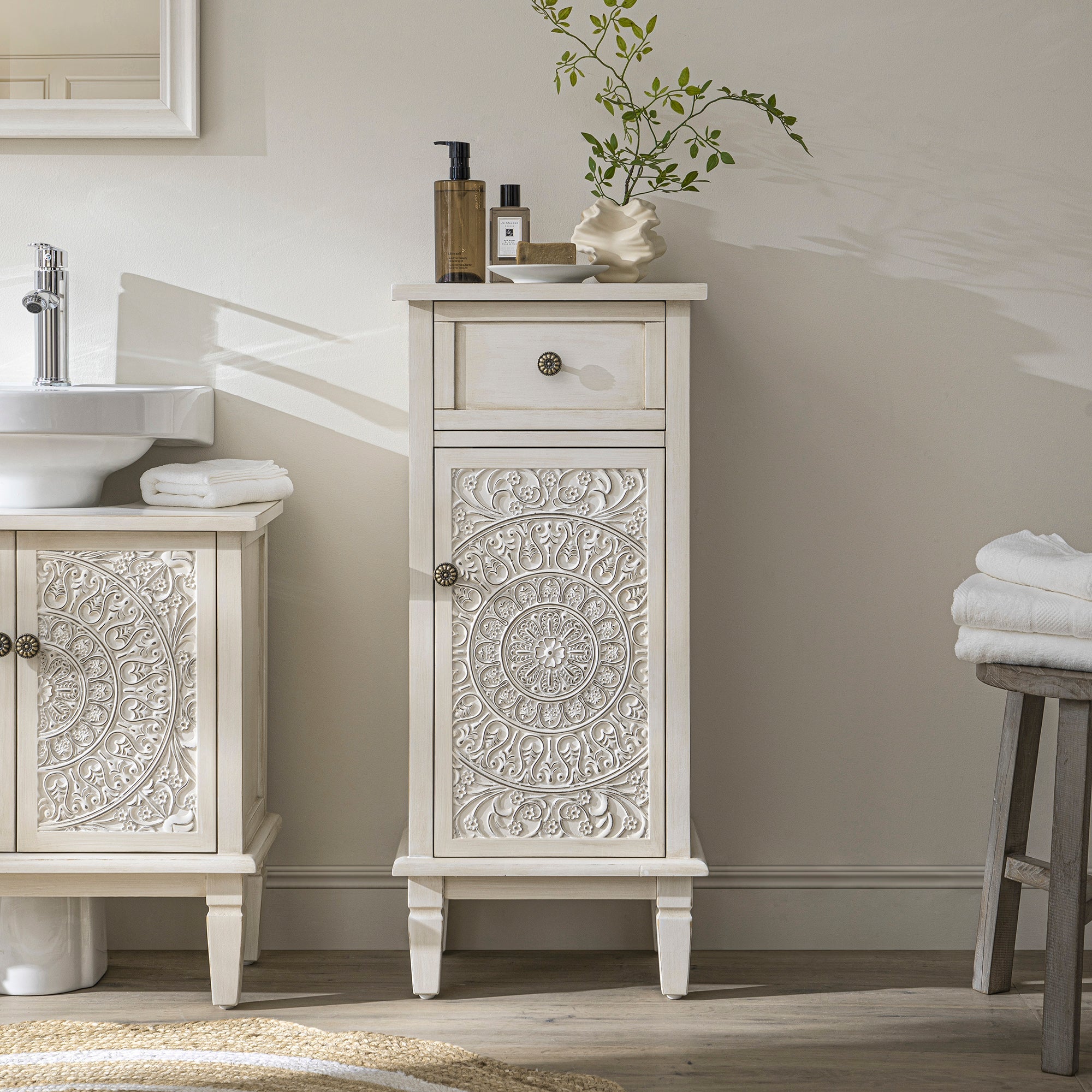 Chantilly Whitewashed Carved Bathroom Cupboard - daals Chantilly Whitewashed Carved Bathroom Cupboard - daals