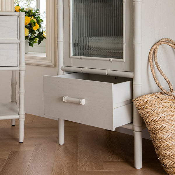 Elstowe Faux Bamboo and Fluted Glass 1-Door Cabinet, Shaded White