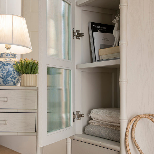 Elstowe Faux Bamboo and Fluted Glass 1-Door Cabinet, Shaded White
