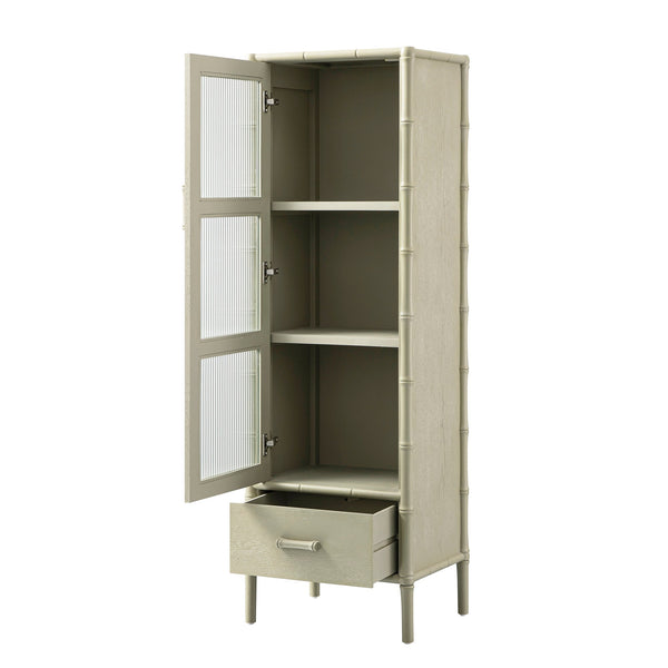 Elstowe Faux Bamboo and Fluted Glass 1-Door Cabinet, Sage Green