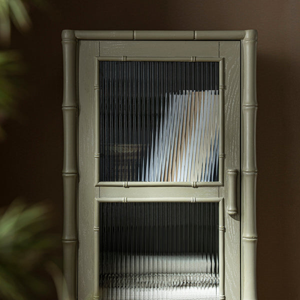 Elstowe Faux Bamboo and Fluted Glass 1-Door Cabinet, Sage Green