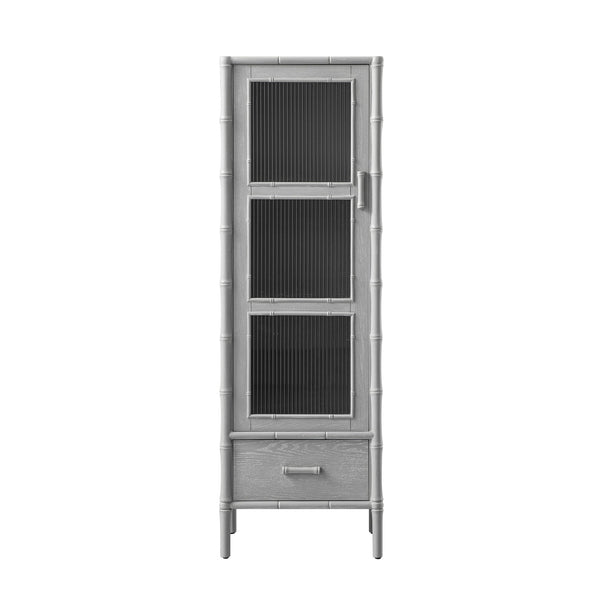 Elstowe Faux Bamboo and Fluted Glass 1-Door Cabinet, Warm Gray
