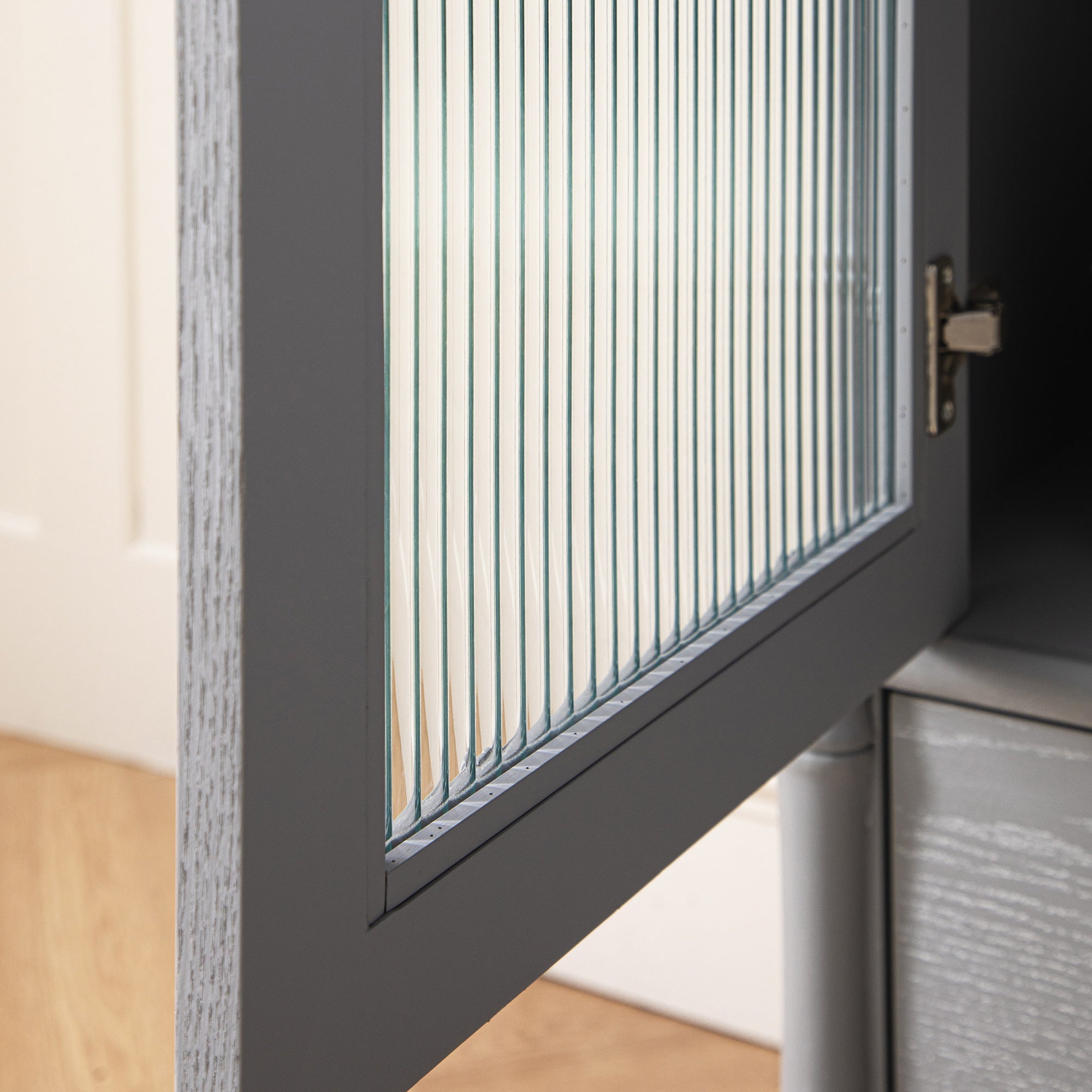 Elstowe Faux Bamboo and Fluted Glass 1-Door Cabinet, Warm Gray