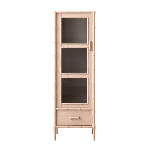 Elstowe Faux Bamboo and Fluted Glass 1-Door Cabinet, Nude Pink