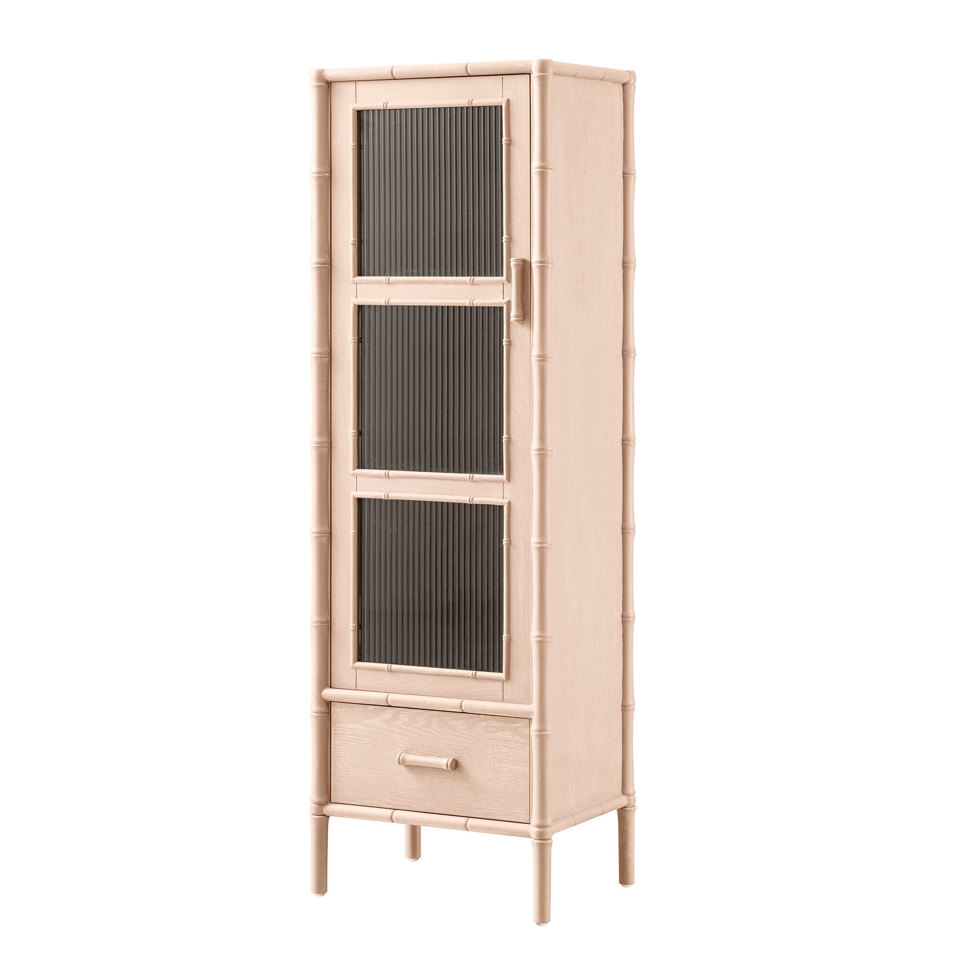 Elstowe Faux Bamboo and Fluted Glass 1-Door Cabinet, Nude Pink