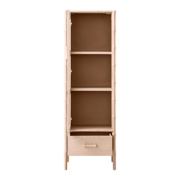 Elstowe Faux Bamboo and Fluted Glass 1-Door Cabinet, Nude Pink