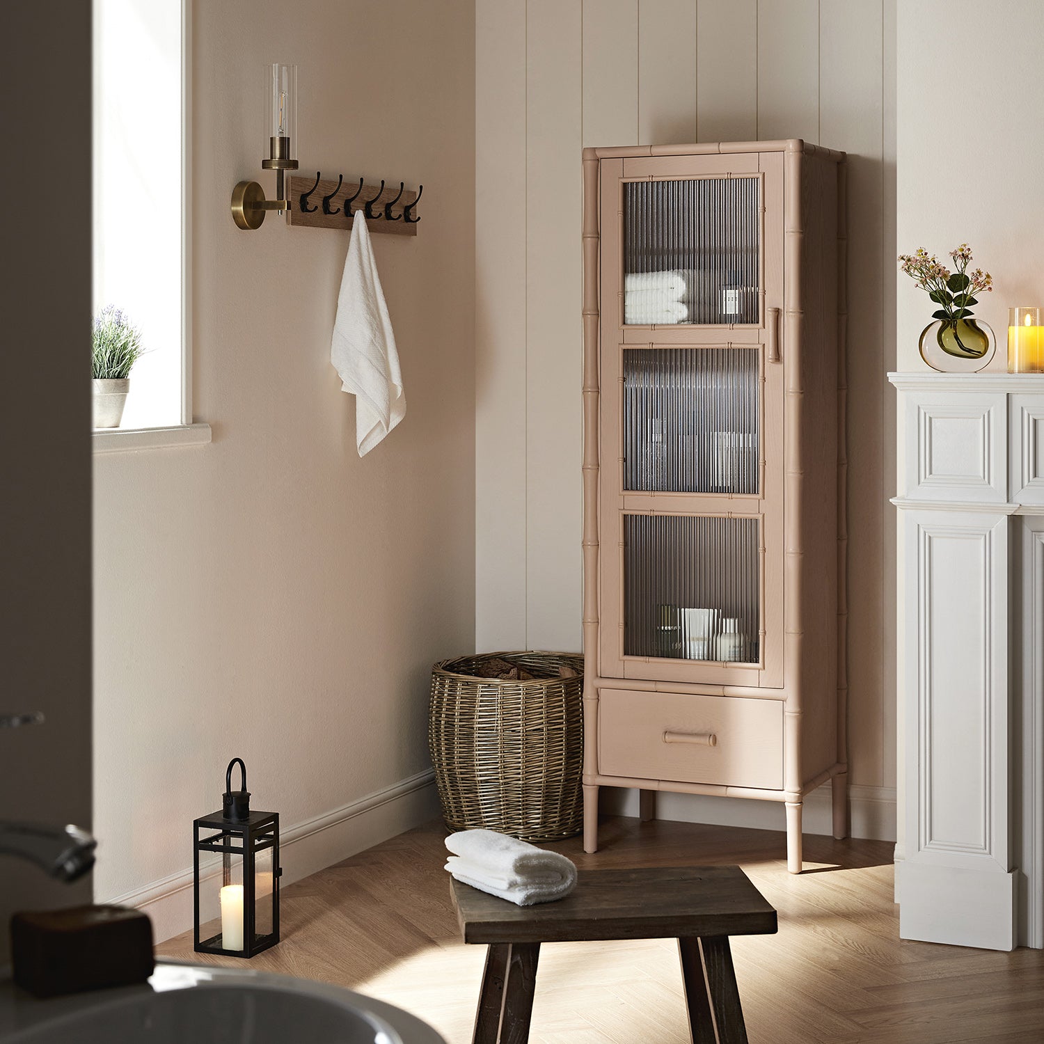 Elstowe Faux Bamboo and Fluted Glass 1-Door Cabinet, Nude Pink