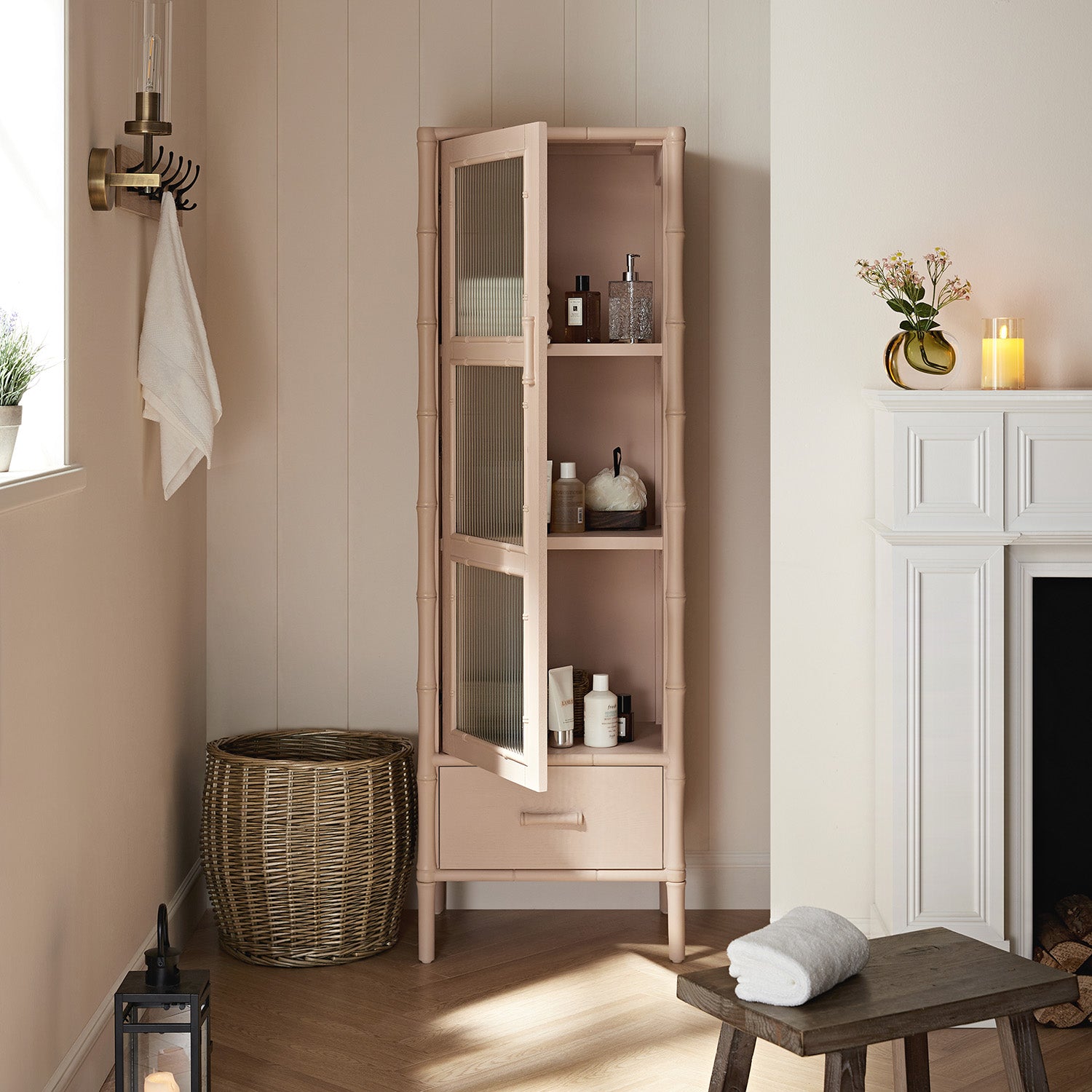 Elstowe Faux Bamboo and Fluted Glass 1-Door Cabinet, Nude Pink