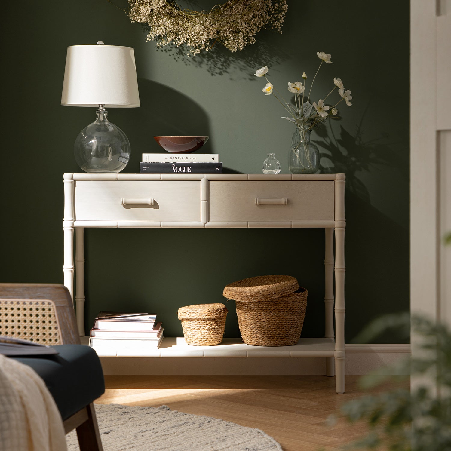 Elstowe Faux Bamboo 2-Drawer Console Table, Shaded White