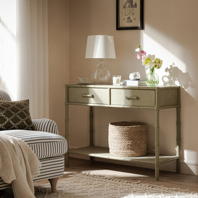 Elstowe Faux Bamboo 2-Drawer Console Table, Sage Green