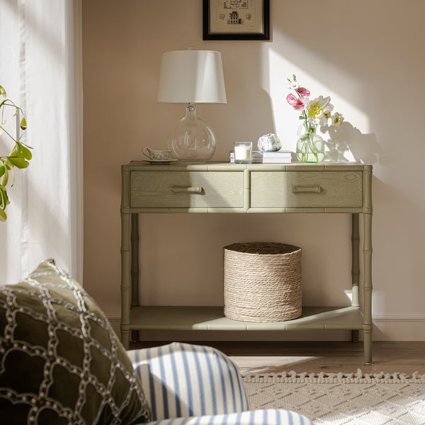 Elstowe Faux Bamboo 2-Drawer Console Table, Sage Green