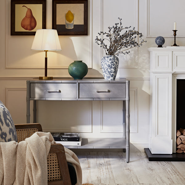 Elstowe Faux Bamboo 2-Drawer Console Table, Warm Gray