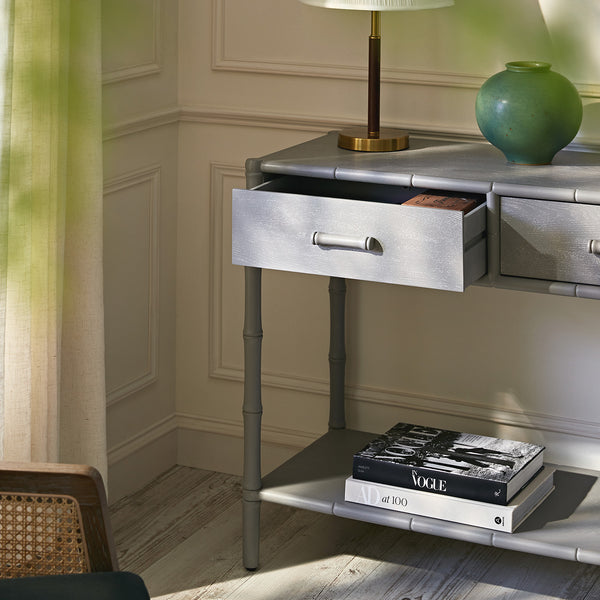 Elstowe Faux Bamboo 2-Drawer Console Table, Warm Gray