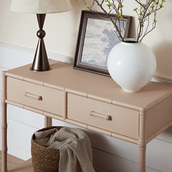 Elstowe Faux Bamboo 2-Drawer Console Table, Nude Pink