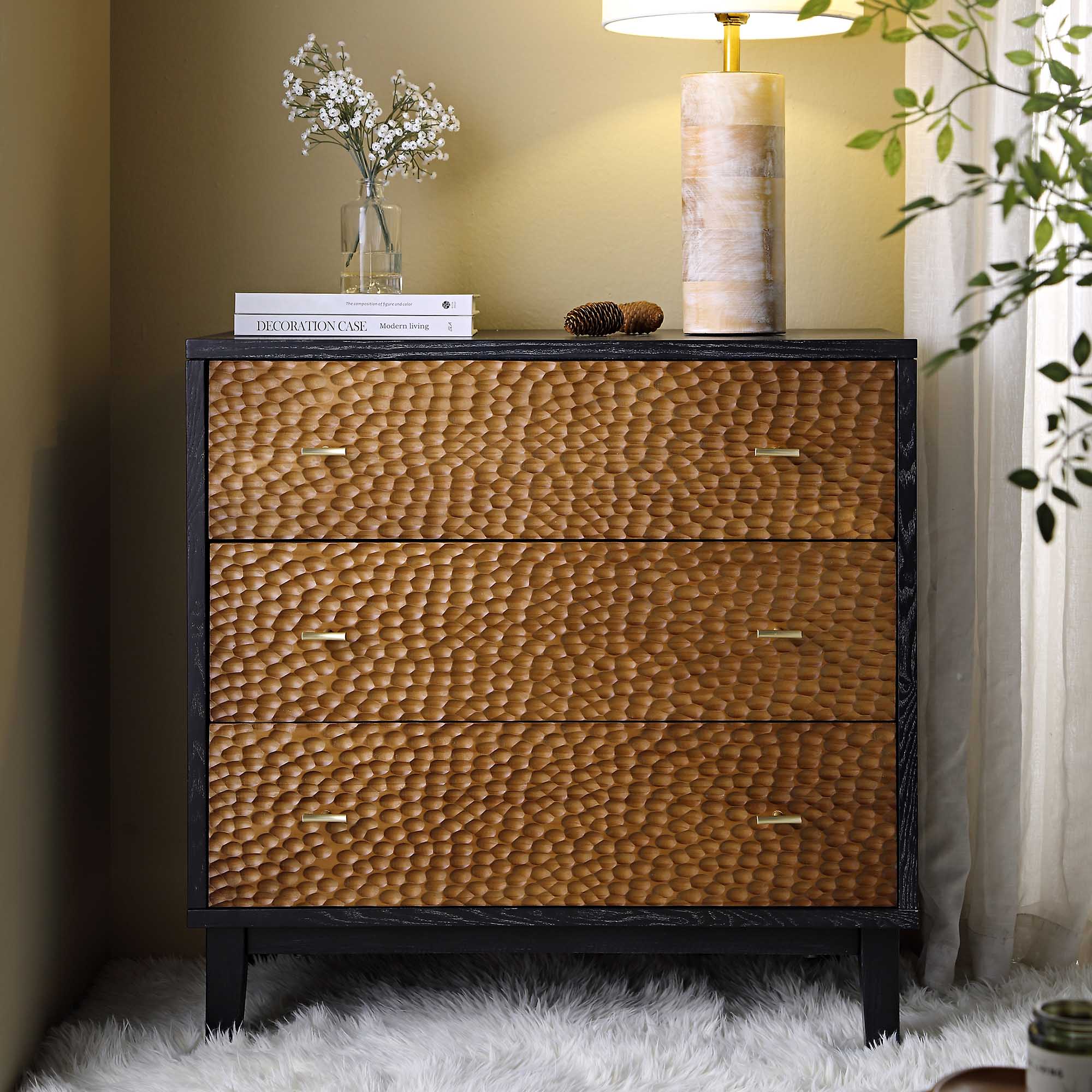 Bianca Chip Carved 3 Drawer Dresser, Antique Bronze & Black Bianca Chip Carved 3 Drawer Dresser, Antique Bronze & Black