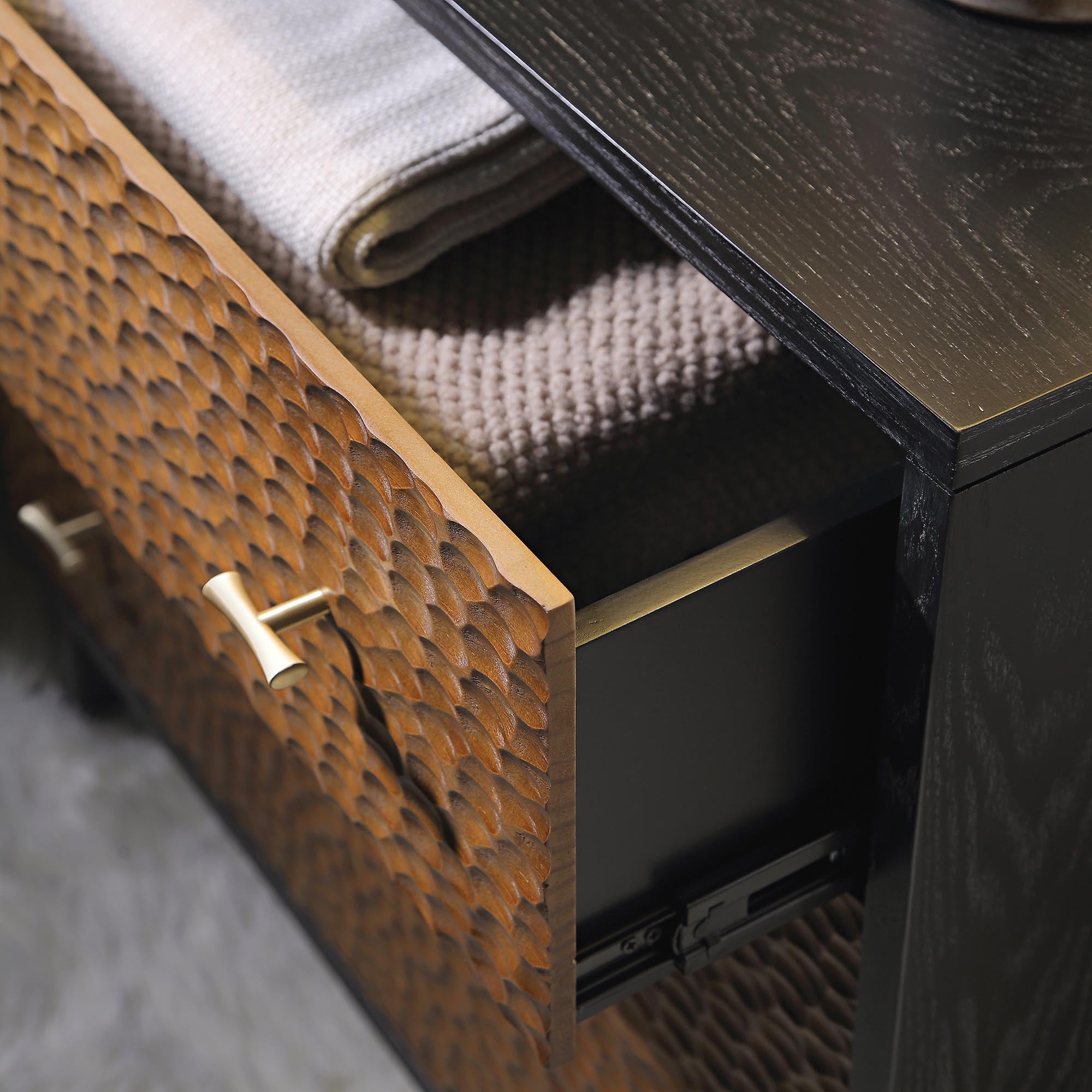 Bianca Chip Carved 3 Drawer Dresser, Antique Bronze & Black | daals.com Bianca Chip Carved 3 Drawer Dresser, Antique Bronze & Black | daals.com