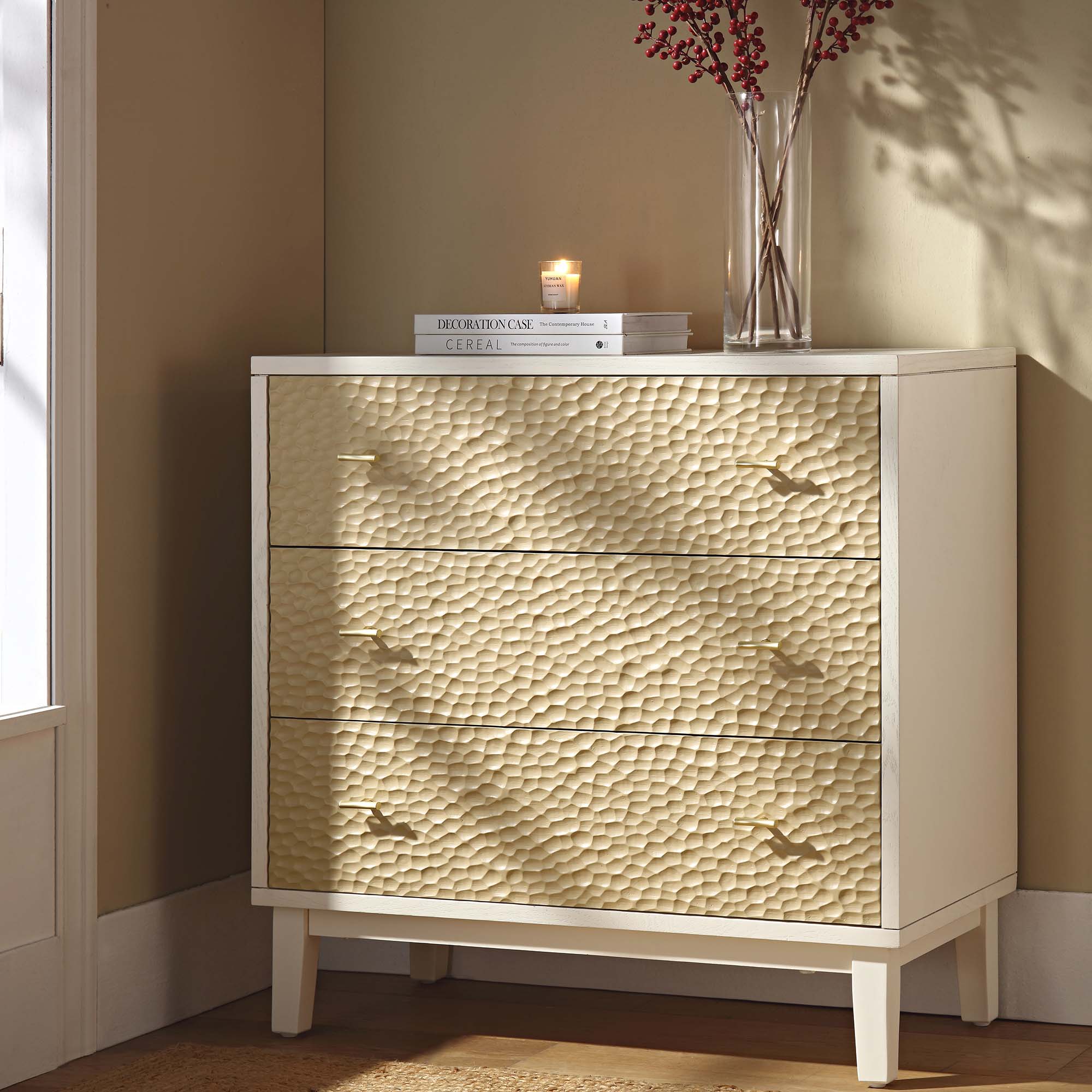 Bianca Chip Carved 3 Drawer Dresser, Sand Beige & Ivory | daals.com Bianca Chip Carved 3 Drawer Dresser, Sand Beige & Ivory | daals.com